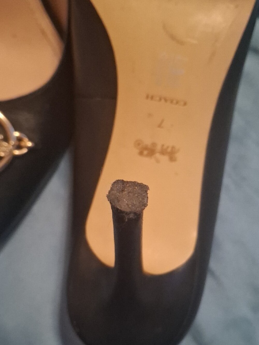 Coach Black Pointed Toe Leather Heels with Gold Horse & Carriage Hardware - Picture 5 of 9